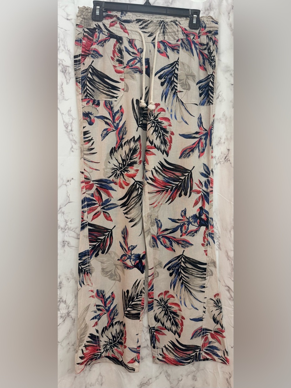 April Kiss Tropical Print Pants - Beige with Navy & Coral